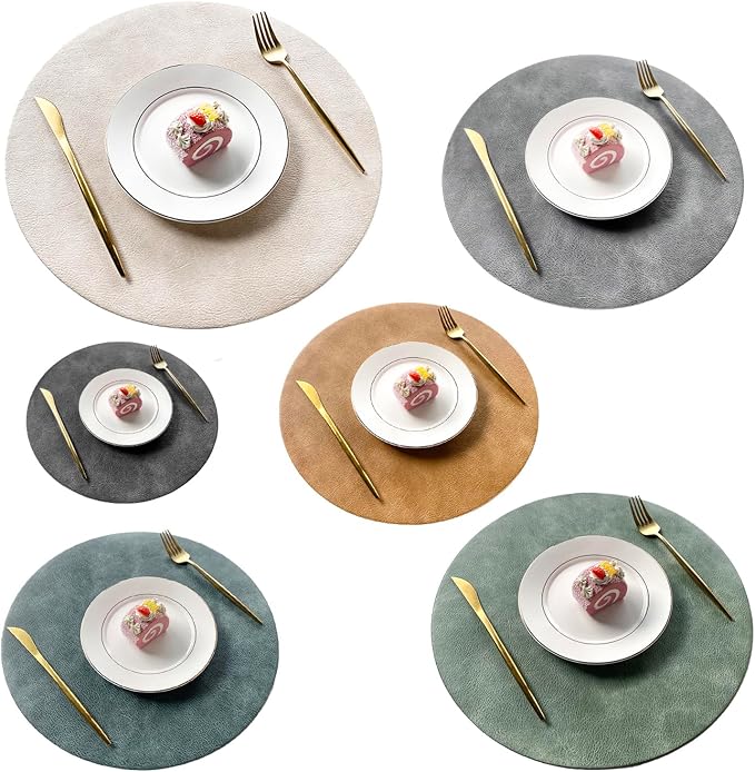 UnivoColors PU Leather Placemats Set of 6,15 Inches Round Washed Cowhide Pattern Table Mats for Dining Table, Kitchen, Party Decoration(Black+Blue+Grey+Camel+Beige+Green)