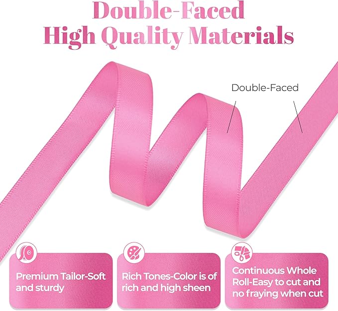 Hot Pink Satin Ribbon, Double Faced 1/2 Inch X 25 Yards Hot Pink Ribbon, Premium Satin Ribbon for Gift Wrapping, Crafts, Hair Bow Making, Sewing, Flower Bouquet, Wedding Party Decor