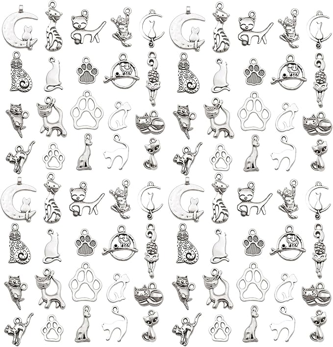 WOCRAFT 60pcs Antique Silver Cat Bracelet Charms for Jewelry Making Sets DIY Necklace Bracelet Keychain Crafting Charms Kit Craft Supplies (SN839)