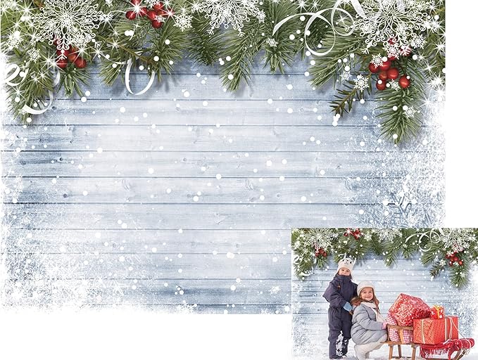 LTLYH Winter Christmas Backdrop 7x5ft Snowflake and Pine Branch Wooden Wall Backdrop Xmas Eve Wood Wall Photo Backdrop Holiday Decor Photo Props 023