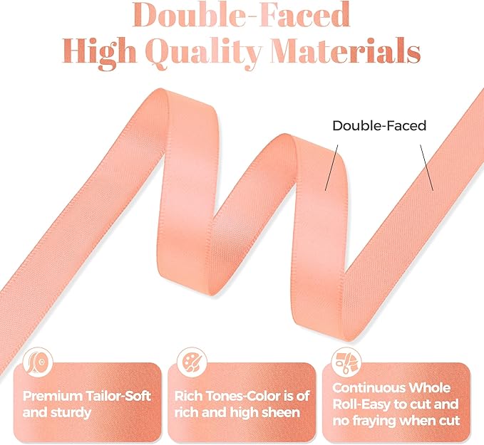 Peach Satin Ribbon, Double Faced 1/2 Inch X 50 Yards Peach Ribbon, Premium Satin Ribbons for Gift Wrapping, Crafts, Hair Bow Making, Sewing, Flower Bouquet, Wedding Party Decor