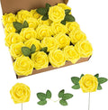 Artificial Flower Foam Rose 25pcs Real Looking Fake Rose with Stems Leaves for Home Decoration Party Garden Centerpieces DIY Wedding Bouquets（Yellow）