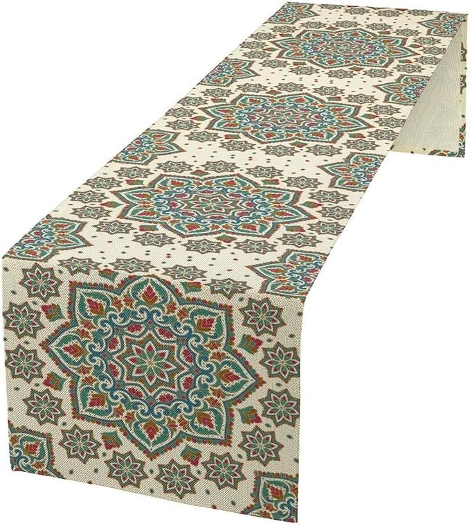 Boho Table Runner, Colorful Bohemian Mandala Geometric Floral Table Runner for Kitchen Dining Home Party Decoration, 13x120 Inch