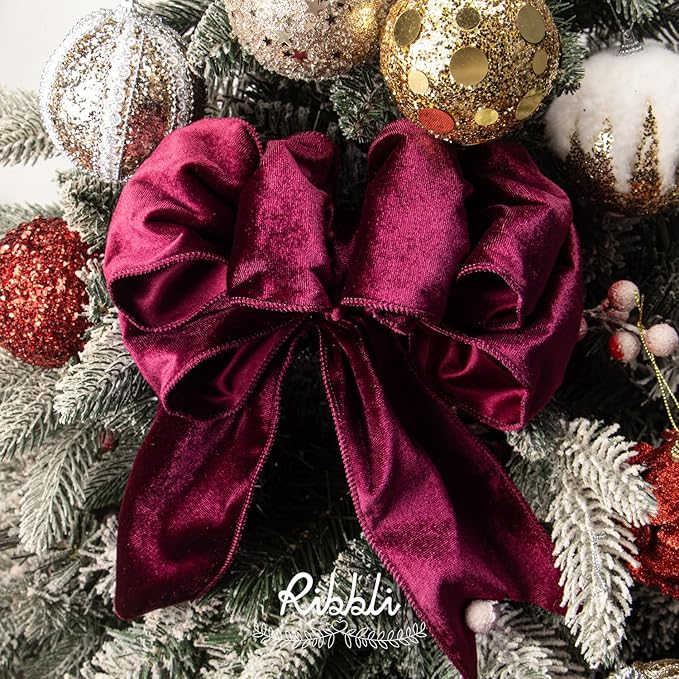 Ribbli Burgundy Velvet Wired Ribbon 4 Inch Velvet with Satin Christmas Ribbon for Gift Wrapping Christmas Tree Decoration Crafts Wreaths Supplies-Continuous 10 Yards