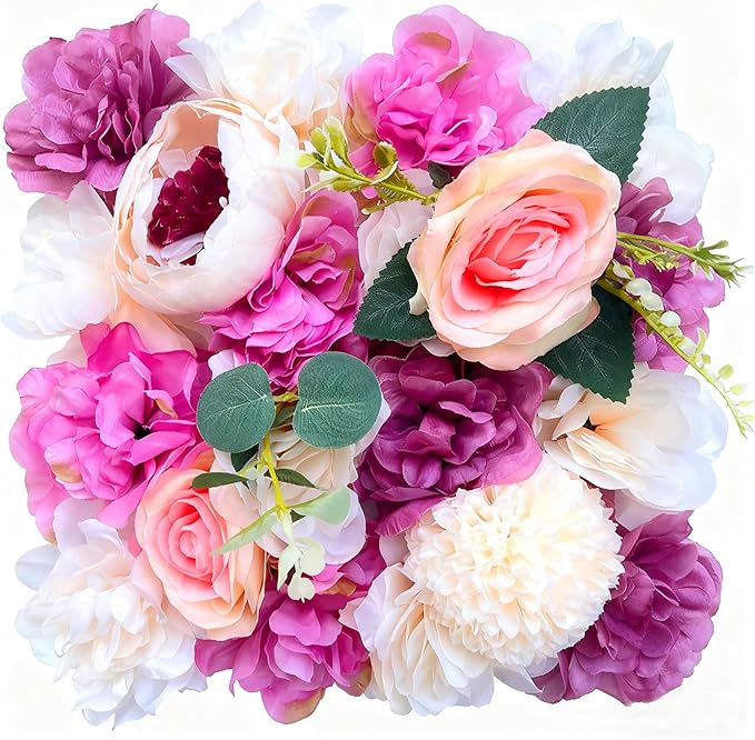 Flower Wall Backdrop, 12PCS 10.6"-15.7" Artificial Flower Wall Panel with Various Styles, 3D Floral Wall Decor for Wedding Photo Background Festive Party Home Decoration (K010, 11.8 * 11.8in)