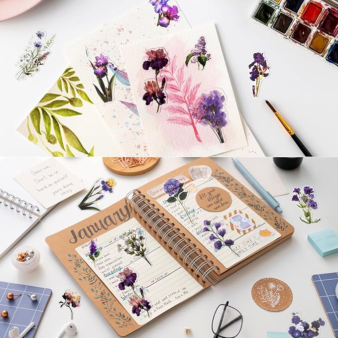Natural Flower Sticker for Scrapbooking,PET Nature Plant Stickers Floral Stickers Vintage Craft Sticker,for Journaling Scrapbooking Clear Flower Decal (Style H)