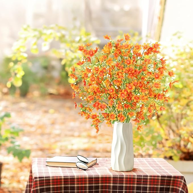 8PCS Fake Fall Flowers Real Touch Silk Flowers,Orange Artificial Flowers for Decorations, Babys Breath Artificial Flowers Bulk for Halloween Thanksgiving Fall Decor (Orange, 8PCS)