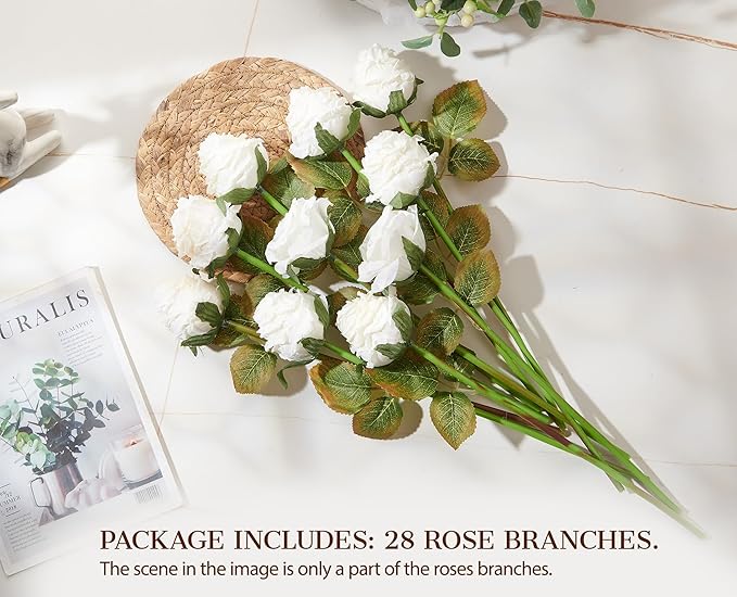 Rose Artificial Flower 28pcs Realistic Faux Silk Roses Fake Flowers Bouquets Arrangements Decor for Wedding Spring Mother's Day, Home Table Decorations, White Flower