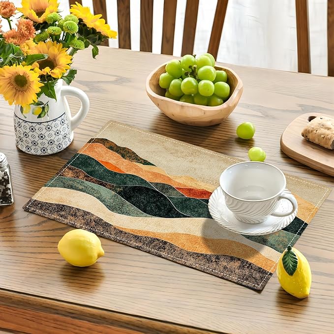 Southwestern Placemats Set of 6, Colorful Art Place Mats, Rustic Mountain Painting Dining Table Mats, Washable Abstract Modern Placemats for Kitchen Dining Room 18L'' × 12W''