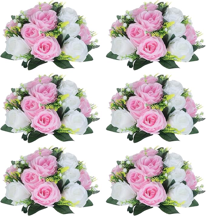 NUPTIO Flower Centerpieces for Wedding Tables: 6 Pcs Pink & White Artificial Flower Ball Arrangement for Weddings Party - Fake Floral Rose for Birthday Bridal Shower Decorations