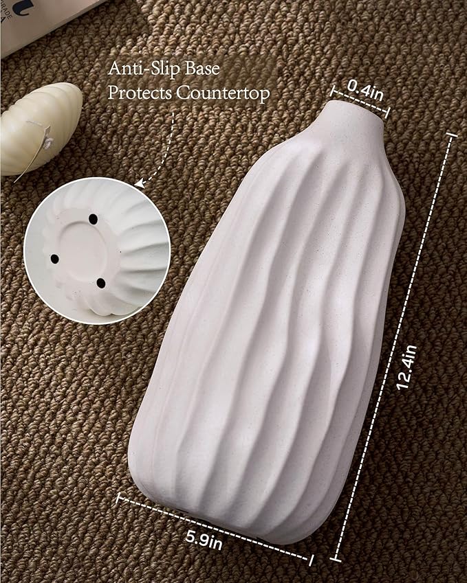 Ceramic Rustic Vase for Decor - 8.4Inch Farmhouse Vases - Decorative Vase for Home Decor, Living Room, Table, Boho - Shell White