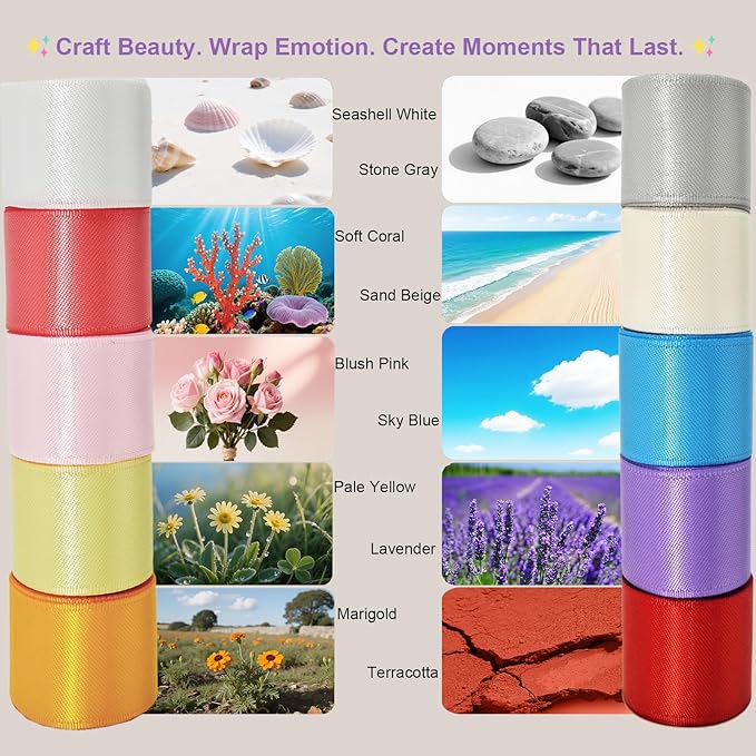 5/8 Double Faced Satin Ribbon 50 Yards,“Morning Meadow”10 Natural Color Ribbon Pack for Gift Wrapping, Crafts, Flower Bouquet, Christmas Easter Wedding Party Decor, Hair & Bows