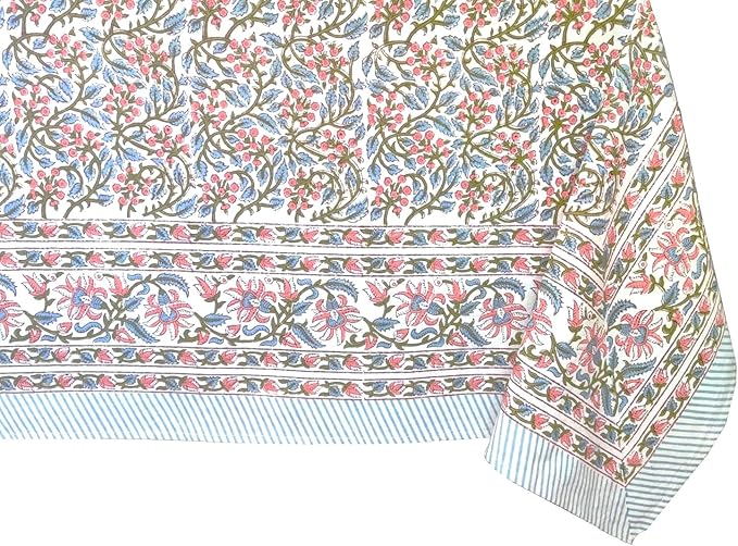 ATOSII Kalina 100% Cotton Rectangle Tablecloth, Handblock Print Floral Table Cloth for Kitchen Dining Linen I Weddings Outdoors Easter Spring Summer I 72 X 140 Inches I 12 Seater