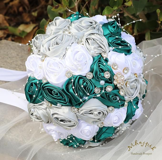 Bridal Wedding Bouquet Round Bling Brooch Bouquet Throw Toss Artificial Rose Flower Bunch for Bride Bridesmaid Wedding Quinceanera(Dark Green, Silver & White, 7.5")