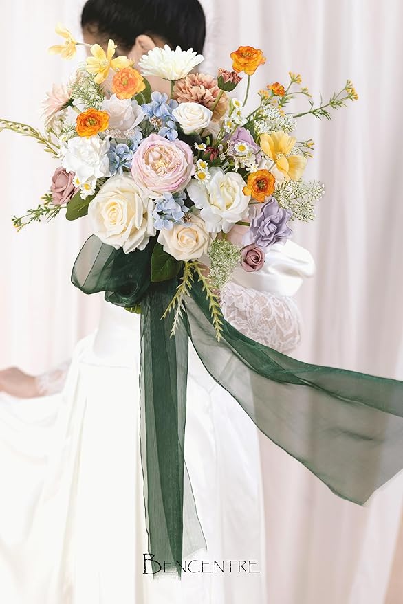 14 Inch Colorful Bridal Bouquet for Bride,Wedding Bouquet for Bride for Spring Wedding Ceremony Anniversary,Party and French Rustic Vintage Wedding,Artificial Flowers