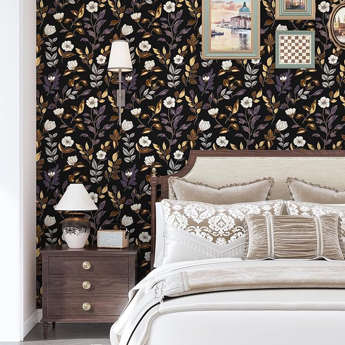Dark Floral Wallpaper Peel and Stick Vintage Gold Leaf Contact Paper Black Floral Wallpaper Waterproof Self-Adhesive Wall Covering for Bedroom Countertop Desk Cabinets 17.4" x 118"