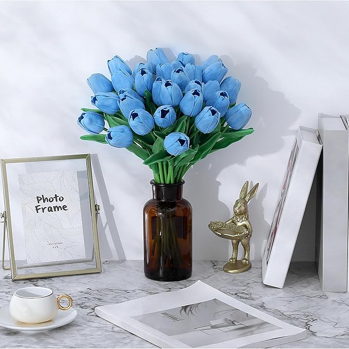 SITUMEIZI 15pcs Blue Tulips Fake Artificial Flowers Real Touch 14" Silk Flower for Home Decor Spring Easter Wedding Bouquet Decorations Floral Arrangements
