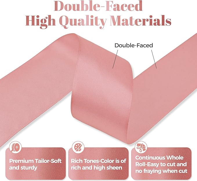 Rose Gold Satin Ribbon, Double Faced 2 Inch X 25 Yards Rose Gold Ribbon, Premium Satin Ribbon for Gift Wrapping, Crafts, Hair Bow Making, Sewing, Flower Bouquet, Wedding Party Decor