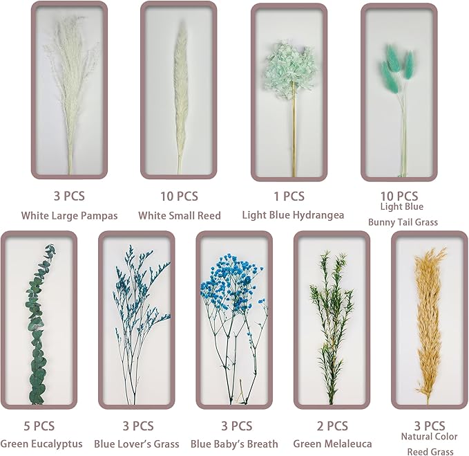 Coastal Blue Dried Flower Bouquet (No Vase) | 17'' Mini Floral Arrangement with Pampas, Hydrangea, Baby's Breath & More Natural Dried Flowers – Home Wedding Decor Centerpiece
