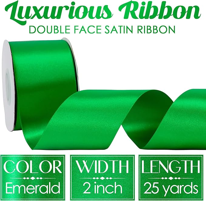 MEEDEE Satin Ribbon - 2 Inch Double Faced Satin in Emerald Green, 25 Yards for Christmas Tree, Crafts, Weddings, Flower Bouquets, Holiday Decor