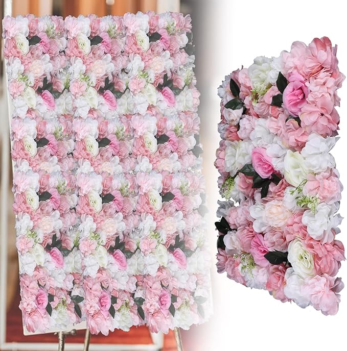 12Pcs 15.75" x 23.62x 0.79 Artificial Flower Wall Panels,Flower Wall Mat Silk Flower Panels for Outdoor Garden Backyard Fence Fence Privacy Screen and Indoor Wall Decor(12Pcs White+Pink)