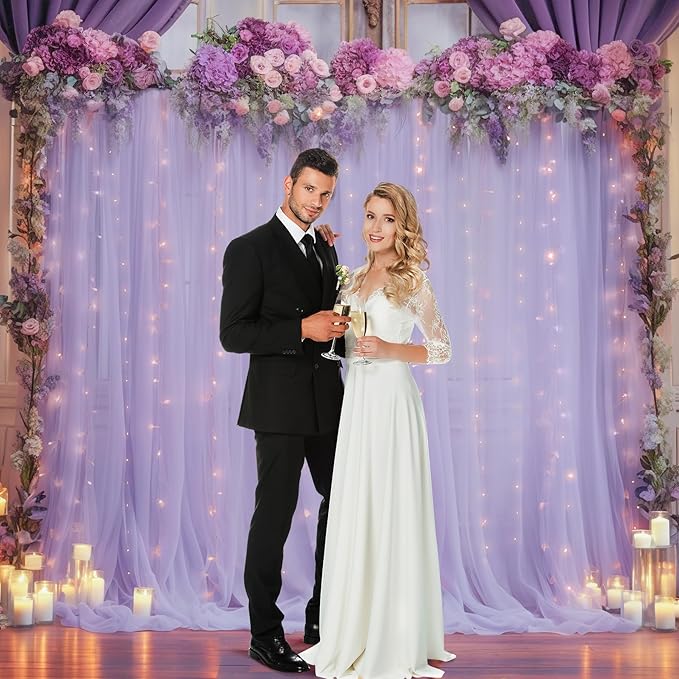 10x8ft Purple Tulle Backdrop Curtain with Lights String for Parites, Sheer Backdrop Curtains for Wedding Baby Shower Birthday Party Photo Shoot Decorations