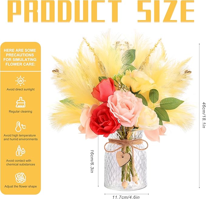 Artificial Flowers with Vase Centerpiece Table Decorations for Dining Room Farmhouse Living Room Table Centerpieces Decor Fake Silk Rose Bouquet in Glass Vase for Centerpiece Home Coffee Table Decor