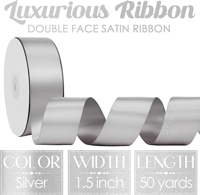 MEEDEE Silver Satin Ribbon 1-1/2 Inch Silver Ribbon Lux Double Faced Satin Ribbons by 50 Yards Polyester Satin Ribbons for Crafts, DIY Crafts, Weddings, Flower Bouquet, Holiday Decorating