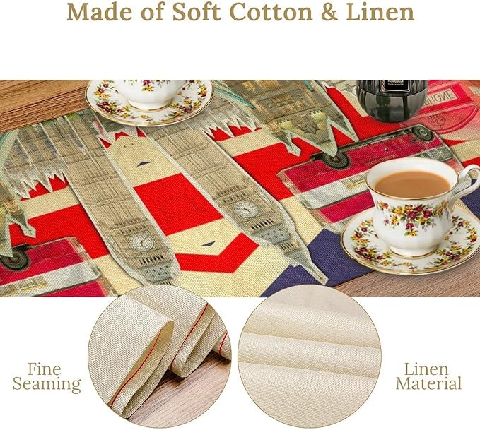 British Table Runner, Seasonal Vintage Buildings England London Culture Element Coffee Table Center Decor for Home Kitchen Dining Patio Holiday Party Table Decorations 13x72 inches