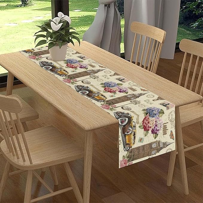 British Table Runner, Seasonal Vintage Floral England London Culture Element Coffee Table Center Decor for Home Kitchen Dining Patio Holiday Party Table Decorations 13x90 inches