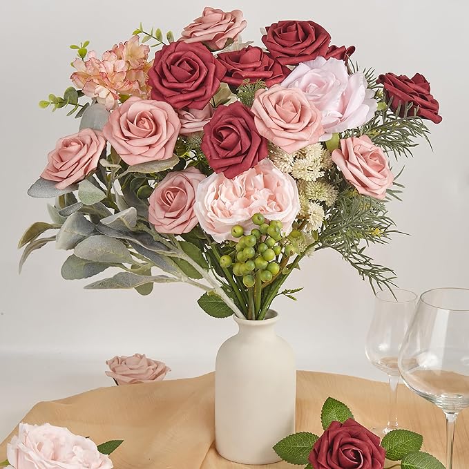 Artificial Flowers, 25pcs Hot Pink and Blush Artificial Rose for DIY Wedding Bouquets Centerpieces Arrangements, Fake Flower with Stem for Party Home Decorations