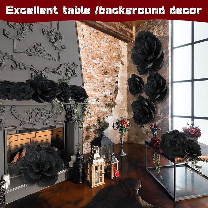 Giant Paper Flowers Artificial Large Paper Flower Decoration for Handcrafted Wall Backdrop Christmas Mexican Wedding Graduation Bridal Shower Birthday Party Supplies(Black,24 Pcs)