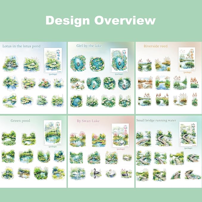 60Pcs Pond Scenery PET Stickers, Nature-Themed Scrapbooking Supplies for Journaling, DIY Crafts, Collage Decoration, and Card Making