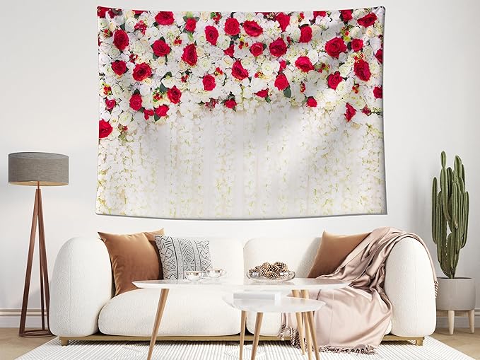 MAEQLQLM 12x10ft Wedding Flower Wall Backdrop Romantic Red White Floral Wall with Hanging Flowers Photography Background for Wedding Party Decor Bridal Shower Photo Booth Props
