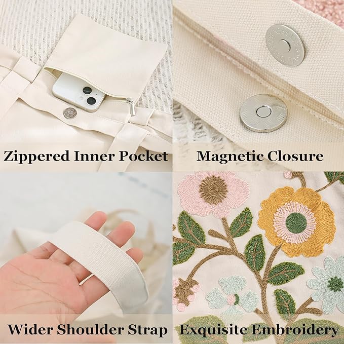 Aesthetic Embroidery Tote Bag for Lady Cute Reusable Canvas Shoulder Bag for Girls Women Shopping Grocery