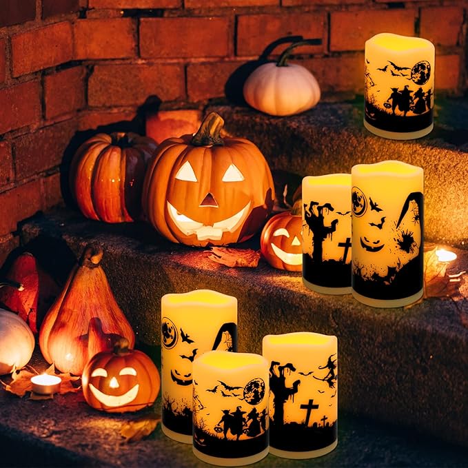 A Set of 6 Halloween-Themed LED flameless Candles, Featuring a timed Remote Control and Halloween-Themed Atmosphere Patterns, Perfect for Trick-or-Treating LED Candles，Halloween Spooky.