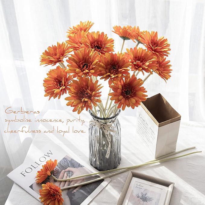 12pcs Artificial Gerbera Daisies,22 Inch Long Stem Silk Daisy Flowers,Realistic Artificial Flower Mums for Home Décor Centerpiece Wreath Supplies Wedding Bouquet,Light Orange