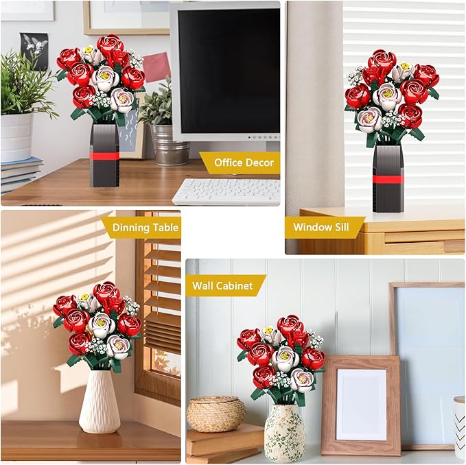 Rose Flower Bouquet Building Kit Gifts for Adults, Kids, Roses Bouquet Building Set, 841PCS Red Roses Artificial Flowers with Vase, Rose Unique DIY Gifts for Women, Anniversaries