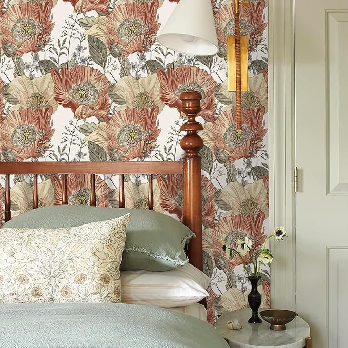 Livebor Floral Wallpaper Peel and Stick Boho Large Floral Peel and Stick Wallpaper Vintage Multicolor Flower Contact Paper 17.7'' x 196.8'' Self Adhesive Wall Paper for Bathroom Wall Covering Decor