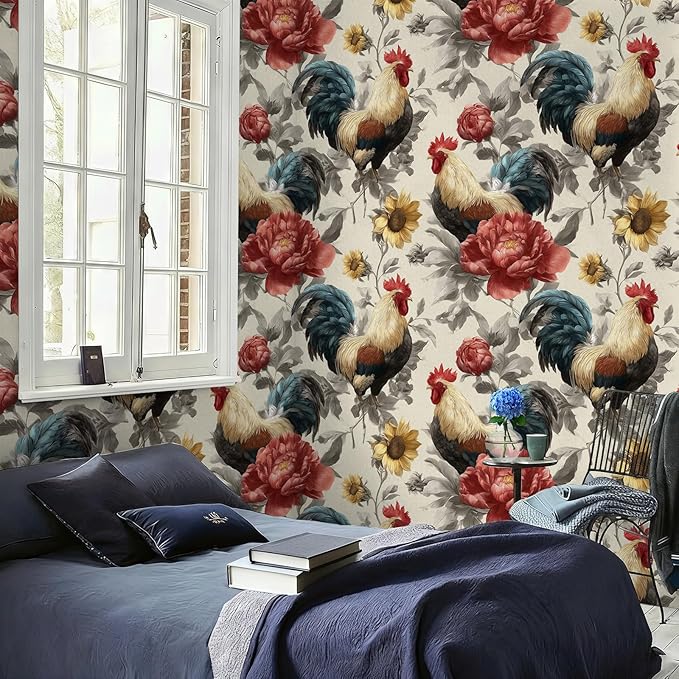Floral Peel and Stick Vintage Animal Wallpaper Sunflower Rooster Removable Botanical Leaf 17.7" x 118.11" Wall Paper Watercolor Self Adhesive Contact Paper for Farm Bedroom laundry room bathroom