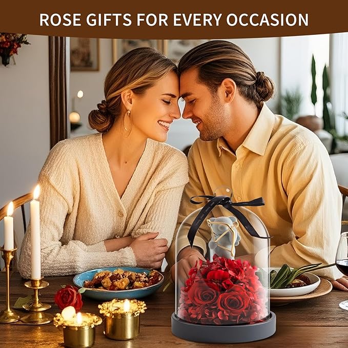 SEEROSE Preserved Rose with Cupid Bear in Glass Dome, Eternal Real Rose Romantic Gift for Her, Women, Mom, Wife, Girlfriend, Valentine’s Day, Mother’s Day, Christmas, Birthday (Cupid Bear, Red)
