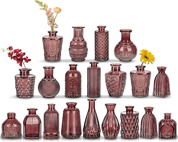 Glass Bud Vases Set of 20, Small Flower Vase in Bulk for Centerpieces, Mini Vintage Wine Red Vases for Rustic Wedding Vintage Home Table Decor