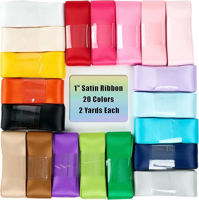 Satin Ribbon 1 Inch Assorted 20 Colors x 2 Yards Colorful Craft Silk Ribbon for Gift Wrapping, Hair Bows, Flower Bouquet, Wedding Decoration,Gift Wrapping, 40 Yards Total