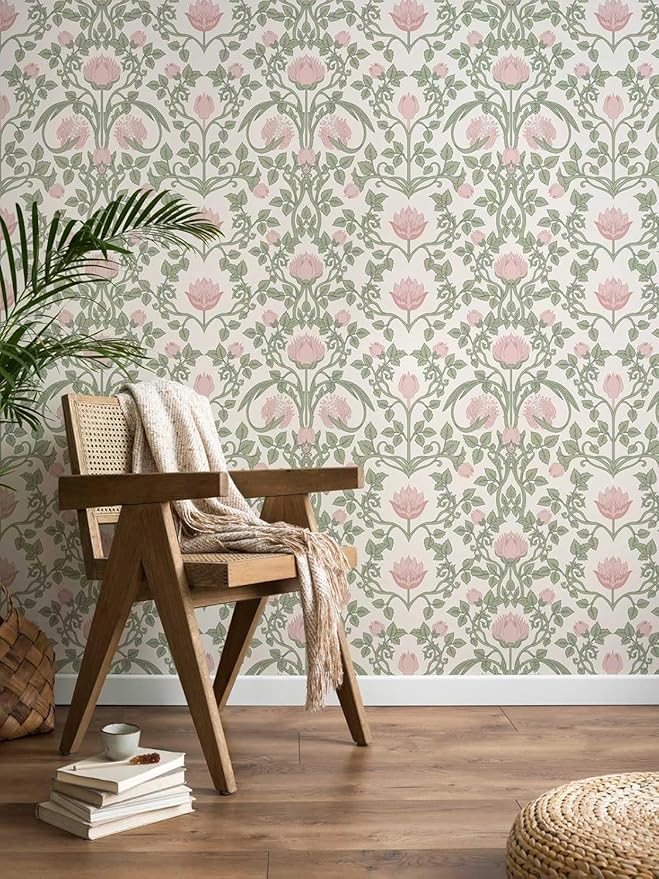 Peel and Stick Wallpaper Pink Floral Damask Wallpaper for Bedroom Decorative Self Adhesive Shelf Drawer Liner