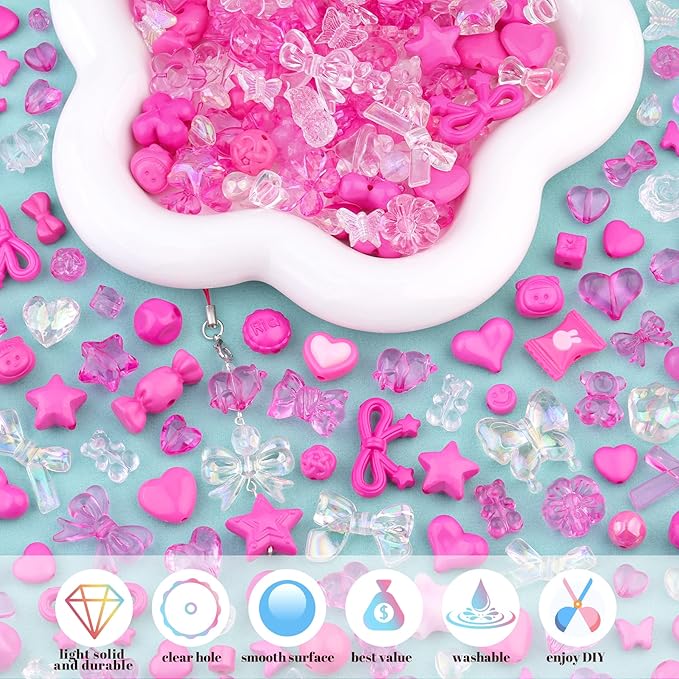 Assorted Acrylic Beads, 200-260PCS Rose Pink Cute Beads for Bracelet Making, GummyBear Bow Flower Kawaii Charms for Jewelry Making DIY Necklace Keychain Phone Charm Christmas Gift