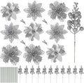 RECUTMS 66 Pcs 3 Styles Silver Christmas Ornaments Christmas Glitter Poinsettia Flowers Artificial Christmas Tree Flower Decorations Wedding Wreath Floral Decorations (Silver)