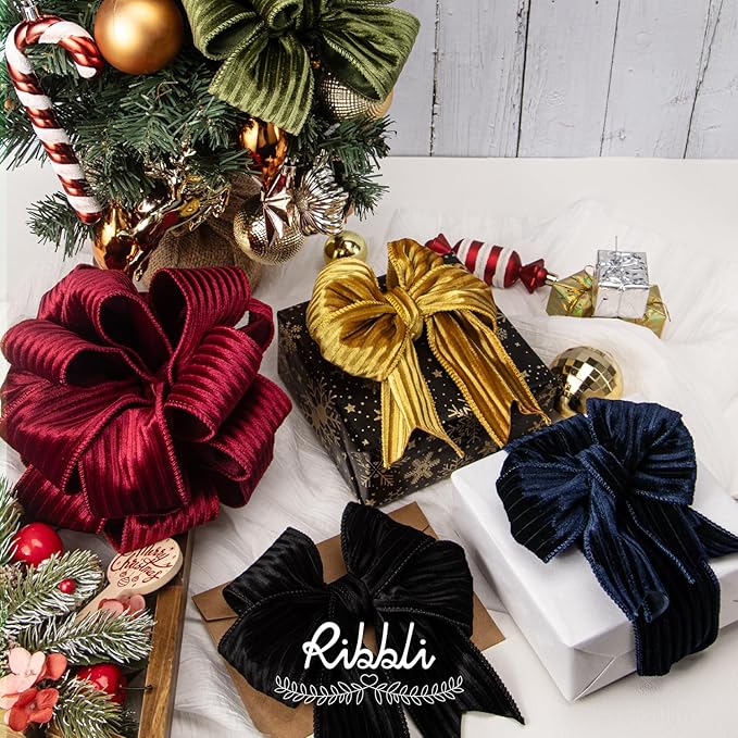 Ribbli Glossy Dark Red Velvet Wired Ribbon 2.5 Inch Striped Velvet Christmas Ribbon for Gift Wrapping Christmas Tree Decoration Crafts Wreaths Supplies-Continuous 10 Yards