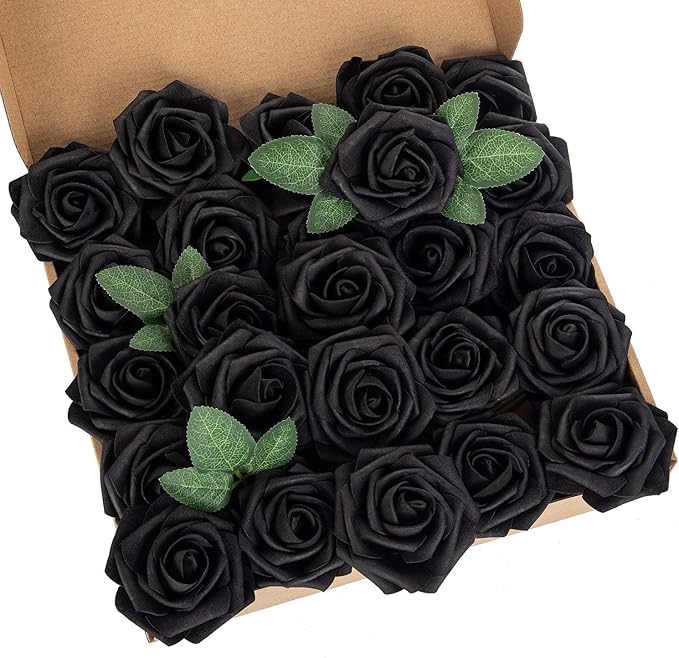 Artificial Flower Black Rose 25pcs Real Fake Rose with Stems Leaves for Home Decoration Party Garden Centerpieces DIY Wedding Bouquets（Black）