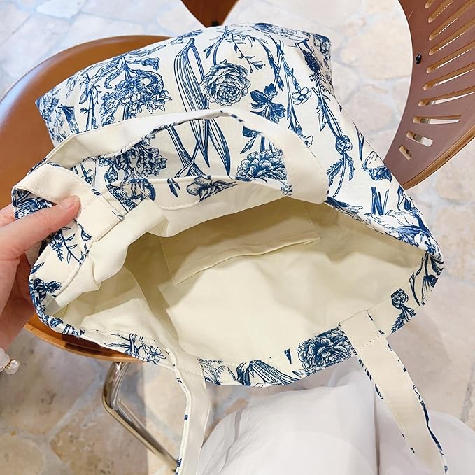 Cotton Canvas Tote Bag Reusable Soft Grocery Cloth Bag Floral Shoulder Bag for Beach Travel Shopping
