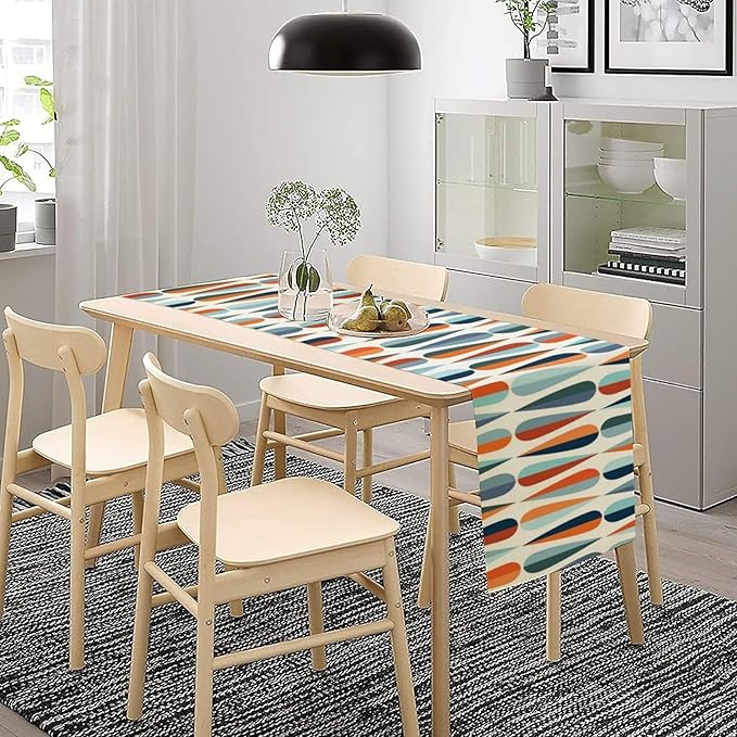 Mid Century Modern Table Runner Retro Blue Orange Grey Water Droplets Geometric Table Runner for Kitchen Dining Room Dining Table Decoration 13x120in
